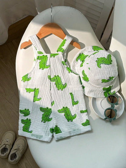 2pcs Baby Boy Summer Cute Crocodile Print Bib Overalls And Hat Set, Newborn Bib Pants, Infant Toddler Bib Pants, Boys Summer Bib Pants And Hat, Unisex