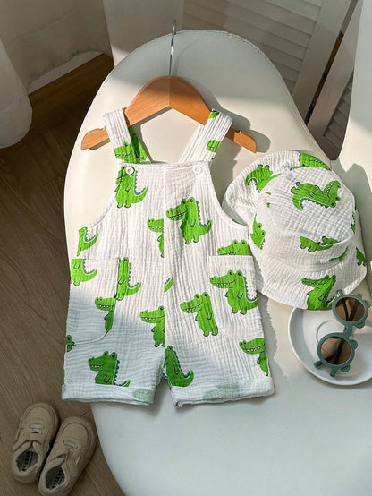 2pcs Baby Boy Summer Cute Crocodile Print Bib Overalls And Hat Set, Newborn Bib Pants, Infant Toddler Bib Pants, Boys Summer Bib Pants And Hat, Unisex