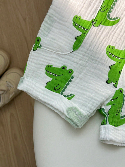 2pcs Baby Boy Summer Cute Crocodile Print Bib Overalls And Hat Set, Newborn Bib Pants, Infant Toddler Bib Pants, Boys Summer Bib Pants And Hat, Unisex