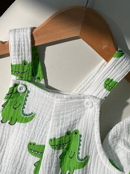 2pcs Baby Boy Summer Cute Crocodile Print Bib Overalls And Hat Set, Newborn Bib Pants, Infant Toddler Bib Pants, Boys Summer Bib Pants And Hat, Unisex