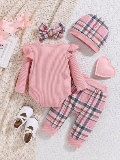 2pcs Baby Girl Autumn/Winter Pink Romper, Plaid Pants And Hat Set