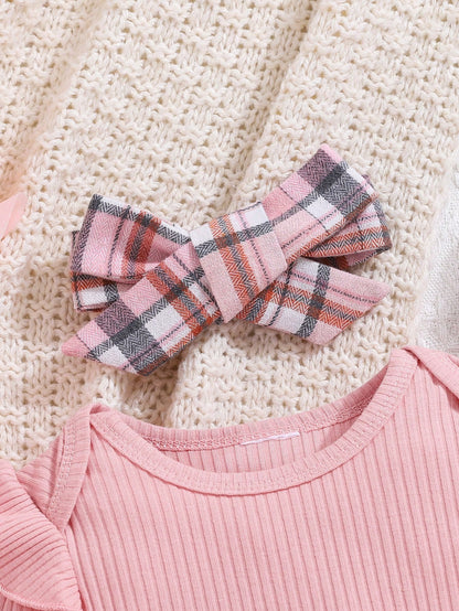 2pcs Baby Girl Autumn/Winter Pink Romper, Plaid Pants And Hat Set