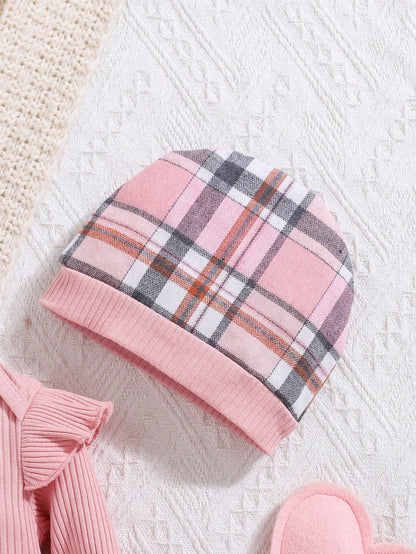 2pcs Baby Girl Autumn/Winter Pink Romper, Plaid Pants And Hat Set