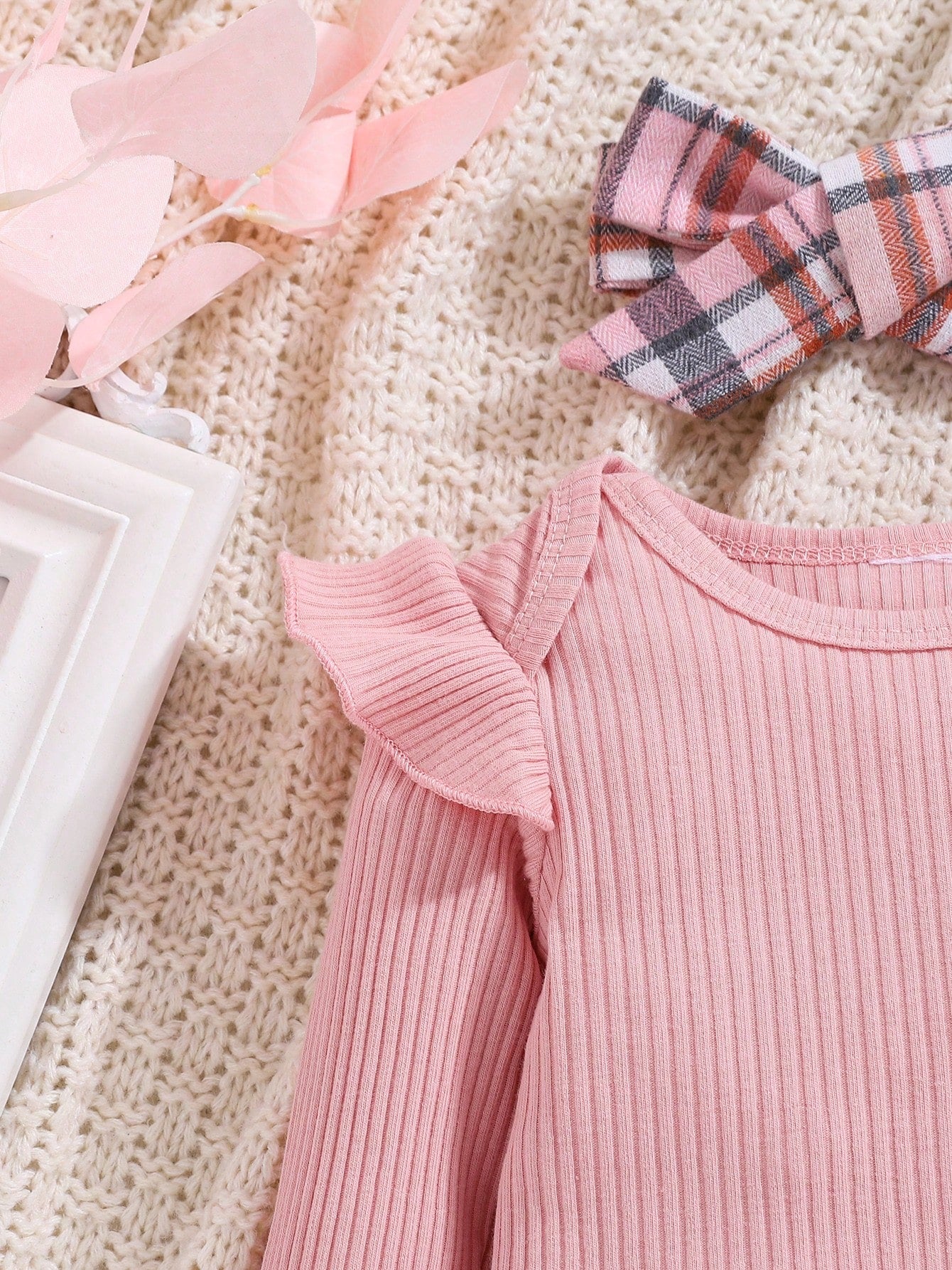 2pcs Baby Girl Autumn/Winter Pink Romper, Plaid Pants And Hat Set