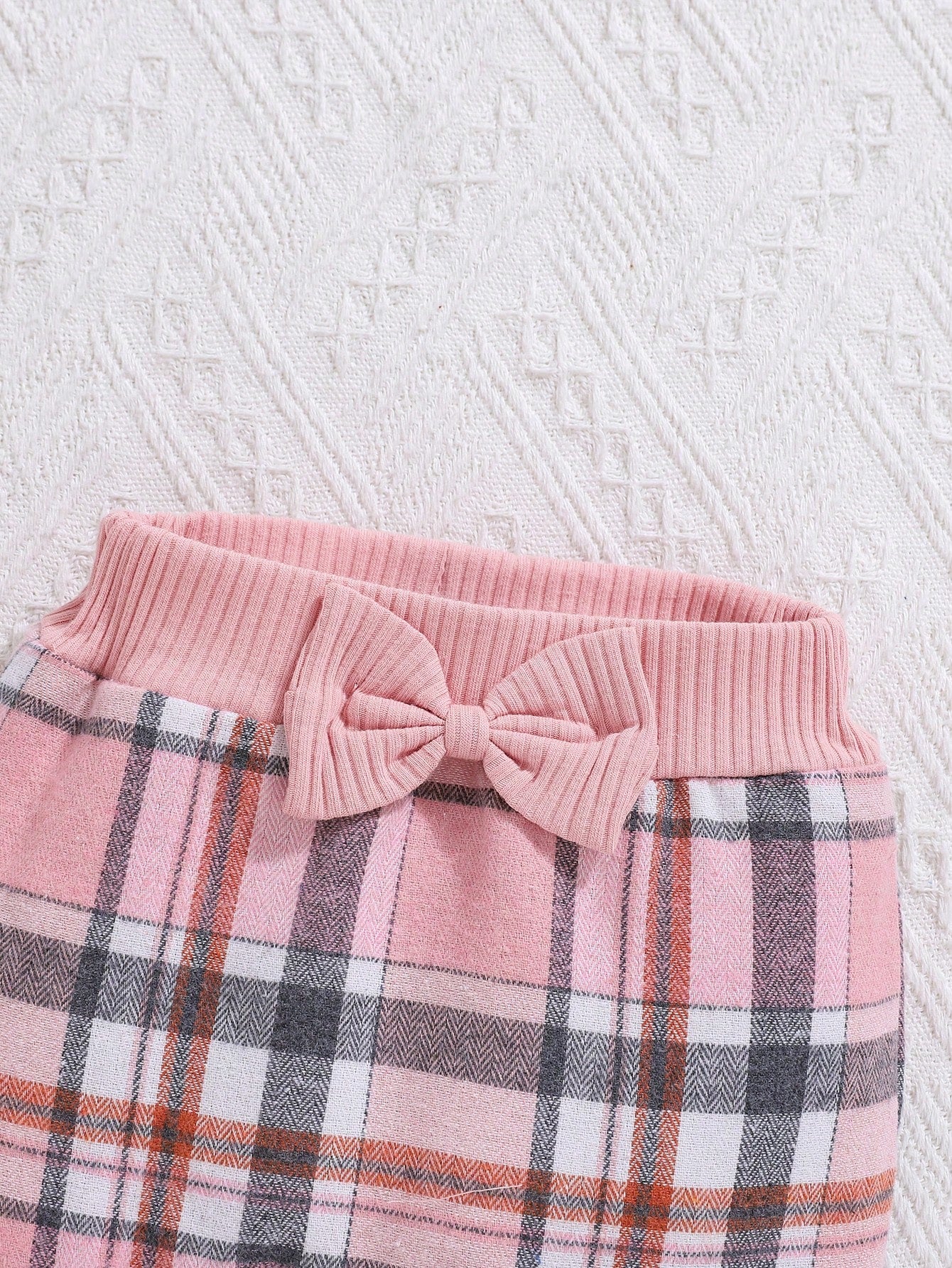 2pcs Baby Girl Autumn/Winter Pink Romper, Plaid Pants And Hat Set