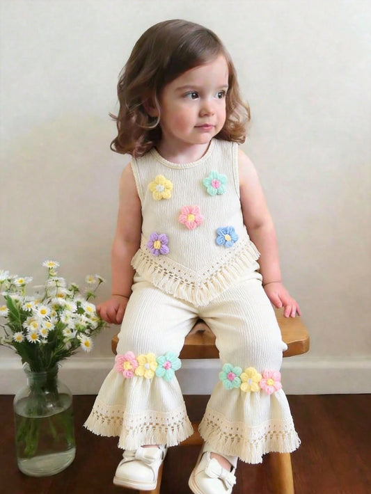 2pcs Baby Girl Bubble Chiffon Floral Applique Hem Fringe Top And Bell Bottom Pants Set