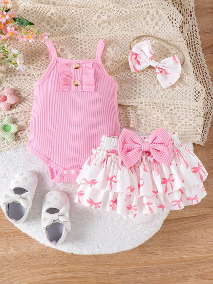 2pcs Baby Girl Cute Romper With Shorts And Headband Thin Set For Summer