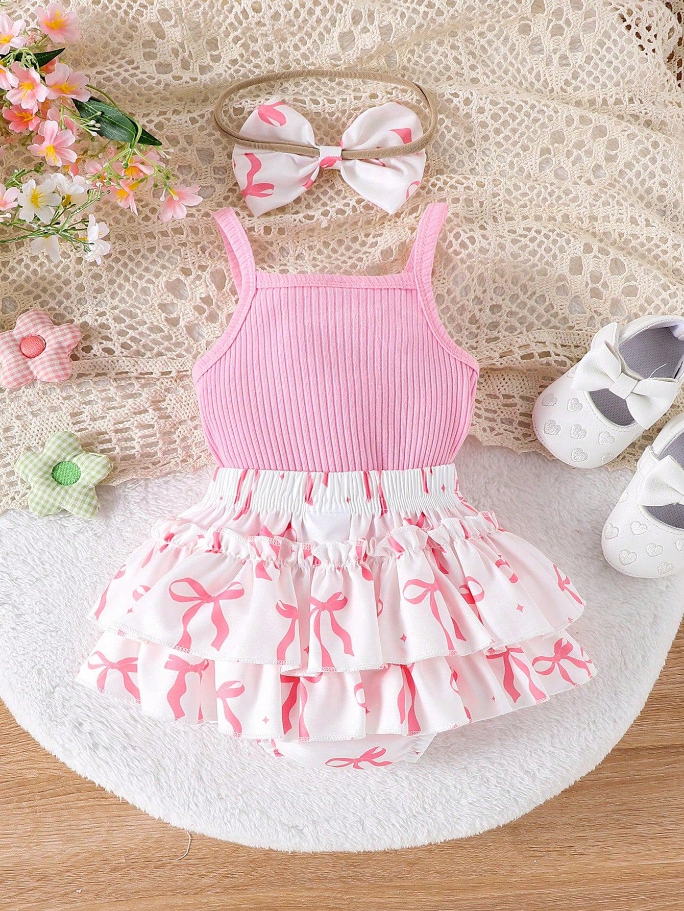 2pcs Baby Girl Cute Romper With Shorts And Headband Thin Set For Summer