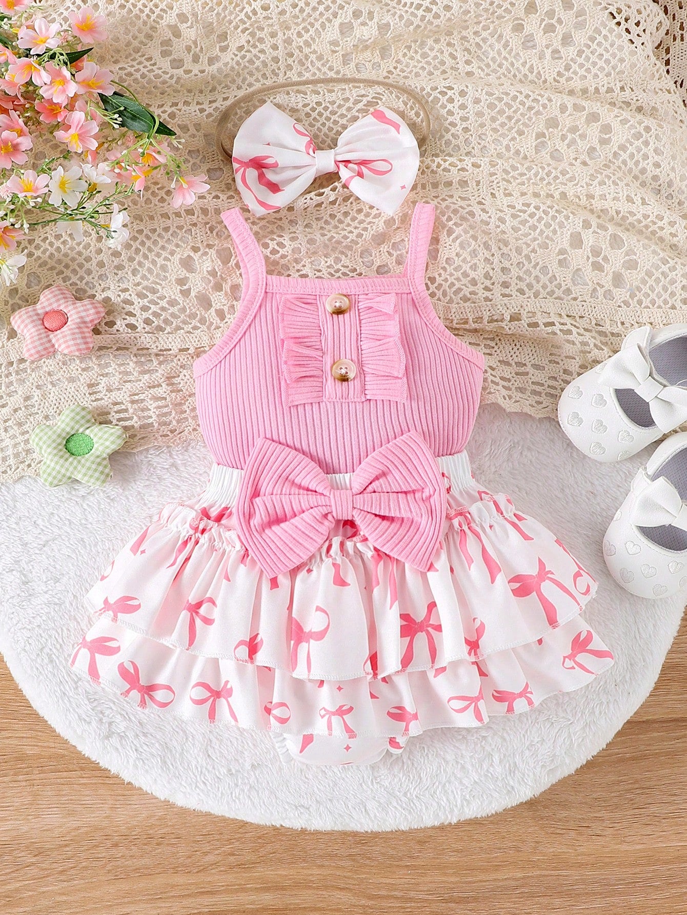 2pcs Baby Girl Cute Romper With Shorts And Headband Thin Set For Summer