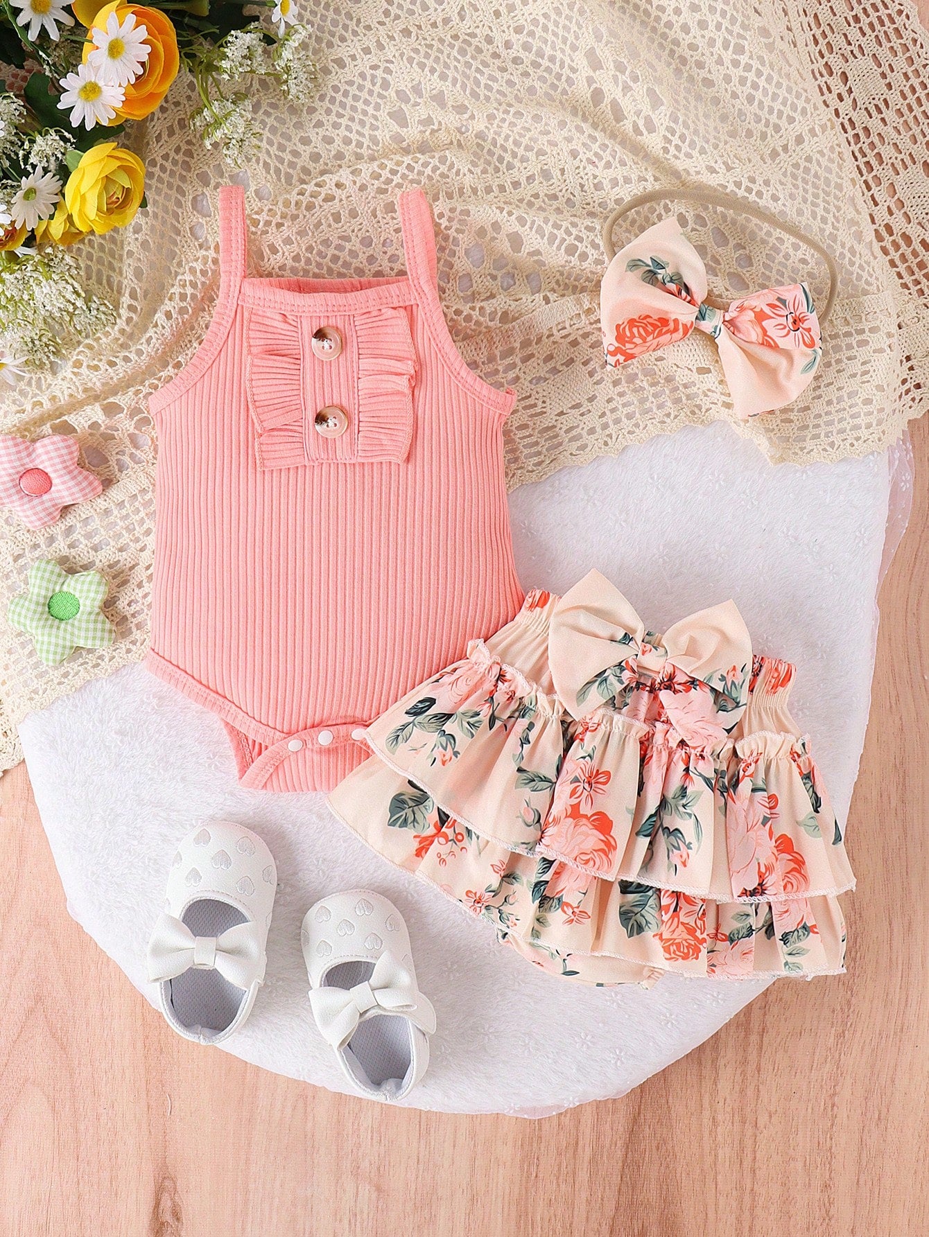 2pcs Baby Girl Cute Romper With Shorts And Headband Thin Set For Summer