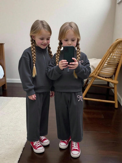 2pcs Baby Girl Fleece Sweatshirt & Pants Set, Embroidered Letter Design, Suitable For Outdoor And Indoor Wear, Autumn/Winter Fall
