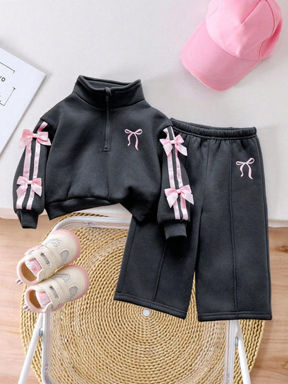 2pcs Baby Girl Fleece Sweatshirt & Pants Set, Embroidered Letter Design, Suitable For Outdoor And Indoor Wear, Autumn/Winter Fall