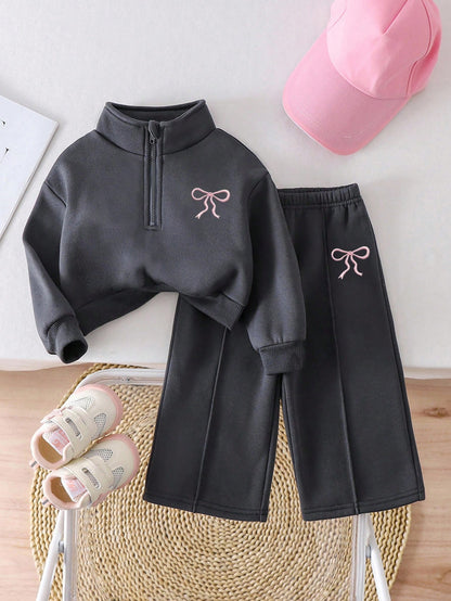 2pcs Baby Girl Fleece Sweatshirt & Pants Set, Embroidered Letter Design, Suitable For Outdoor And Indoor Wear, Autumn/Winter Fall