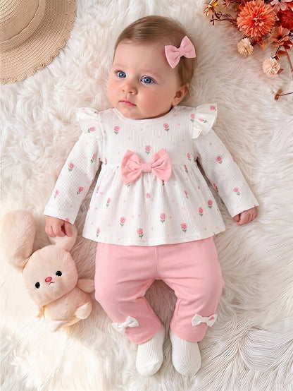 2pcs Baby Girl Sweet Ditsy Floral Two Pieces Set, White Vertical Stripe Long Sleeve Doll Top With Flutter Sleeve Design, All-Over Pink Ditsy Floral, Large Pink Bow On Chest, Loose Fit Skirt-Styl