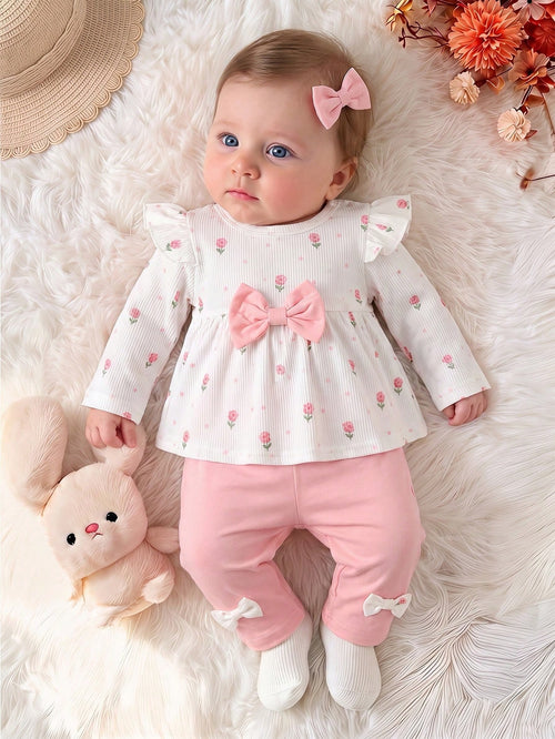 2pcs Baby Girl Sweet Ditsy Floral Two Pieces Set, White Vertical Stripe Long Sleeve Doll Top With Flutter Sleeve Design, All-Over Pink Ditsy Floral, Large Pink Bow On Chest, Loose Fit Skirt-Styl