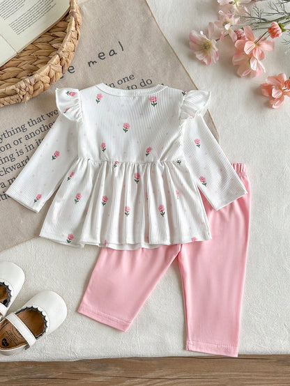 2pcs Baby Girl Sweet Ditsy Floral Two Pieces Set, White Vertical Stripe Long Sleeve Doll Top With Flutter Sleeve Design, All-Over Pink Ditsy Floral, Large Pink Bow On Chest, Loose Fit Skirt-Styl