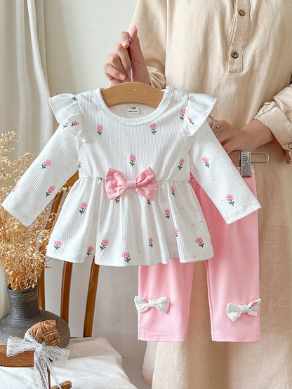 2pcs Baby Girl Sweet Ditsy Floral Two Pieces Set, White Vertical Stripe Long Sleeve Doll Top With Flutter Sleeve Design, All-Over Pink Ditsy Floral, Large Pink Bow On Chest, Loose Fit Skirt-Styl