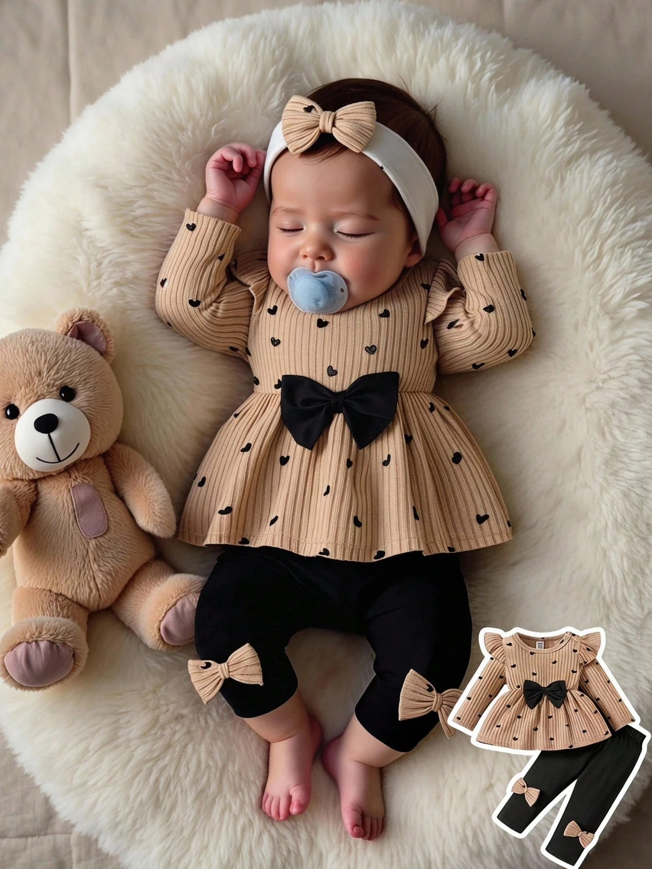 2pcs Baby Girl Sweet Ditsy Floral Two Pieces Set, White Vertical Stripe Long Sleeve Doll Top With Flutter Sleeve Design, All-Over Pink Ditsy Floral, Large Pink Bow On Chest, Loose Fit Skirt-Styl