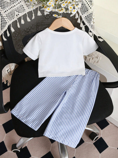 2pcs Baby Girl Toddler/Newborn 0-3Y Cute Casual Cute White Blue And White Striped Bow T-Shirt + Pants Set, Infant Outfit, Spring/Summer Vacation Party