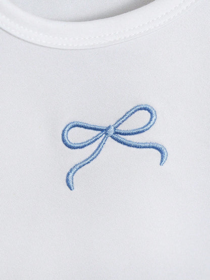 2pcs Baby Girl Toddler/Newborn 0-3Y Cute Casual Cute White Blue And White Striped Bow T-Shirt + Pants Set, Infant Outfit, Spring/Summer Vacation Party