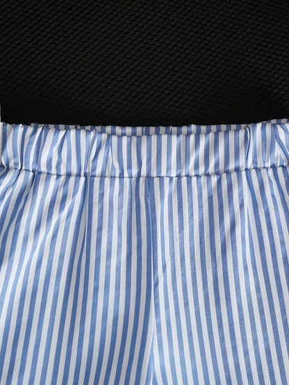 2pcs Baby Girl Toddler/Newborn 0-3Y Cute Casual Cute White Blue And White Striped Bow T-Shirt + Pants Set, Infant Outfit, Spring/Summer Vacation Party