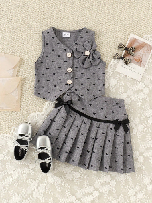 2pcs Baby Girls' Butterfly Print Top With 3D Floral Decor Paired With Pleated Skirt Set, Summer