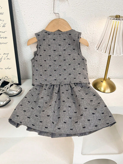 2pcs Baby Girls' Butterfly Print Top With 3D Floral Decor Paired With Pleated Skirt Set, Summer