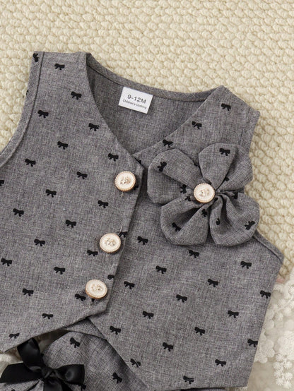 2pcs Baby Girls' Butterfly Print Top With 3D Floral Decor Paired With Pleated Skirt Set, Summer