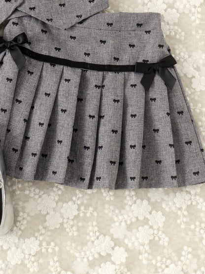 2pcs Baby Girls' Butterfly Print Top With 3D Floral Decor Paired With Pleated Skirt Set, Summer