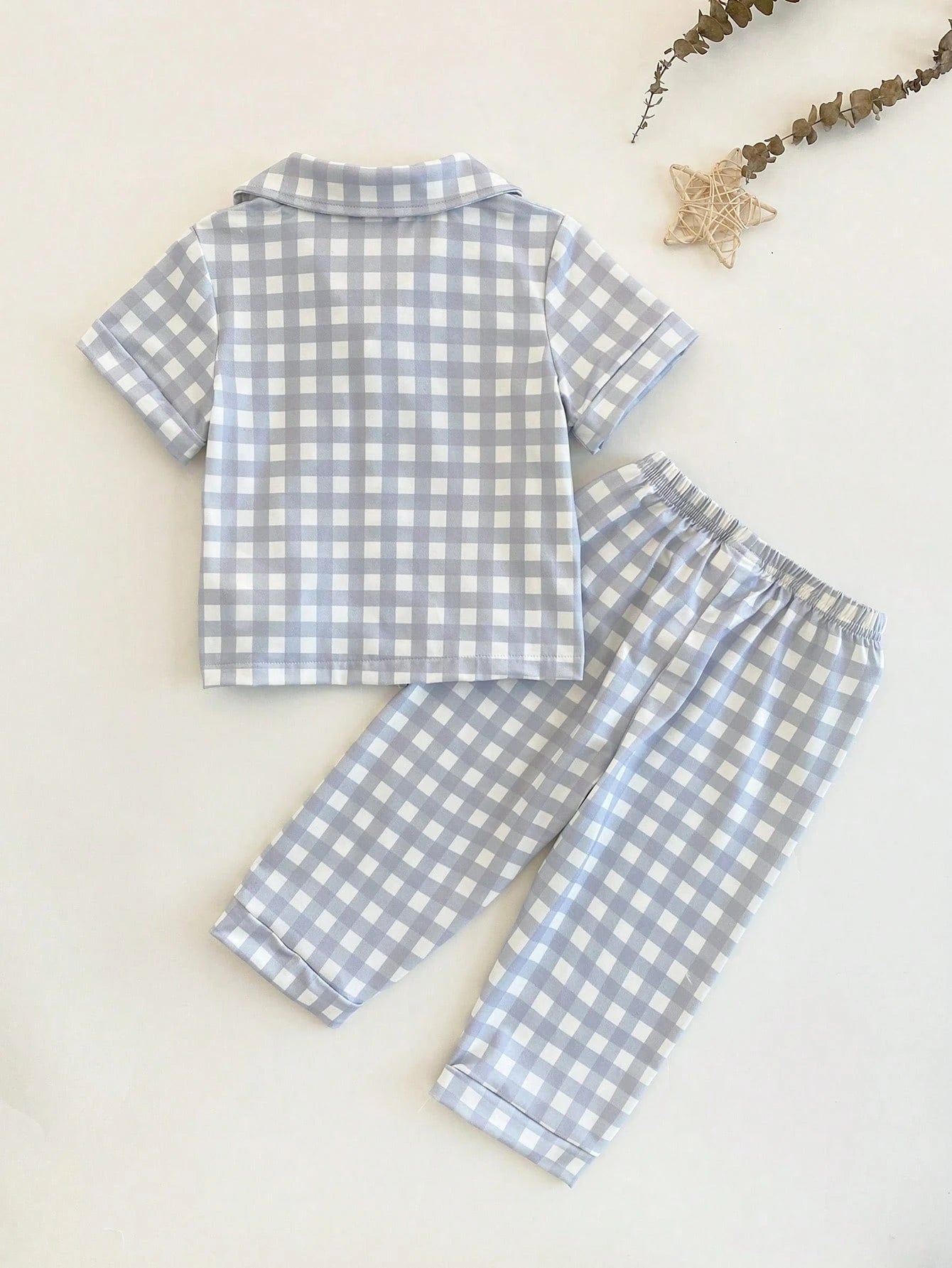 2pcs Baby/Toddler Boys' Plaid Pajama Set,Blue And White Striped,Winter,Cute,Lounge,Checkered Short Sleeve Top And Pants With Pocket For Baby Boy