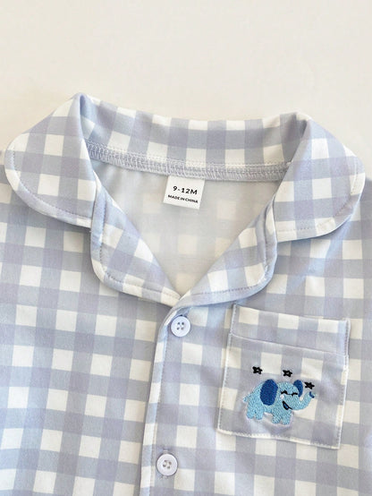 2pcs Baby/Toddler Boys' Plaid Pajama Set,Blue And White Striped,Winter,Cute,Lounge,Checkered Short Sleeve Top And Pants With Pocket For Baby Boy