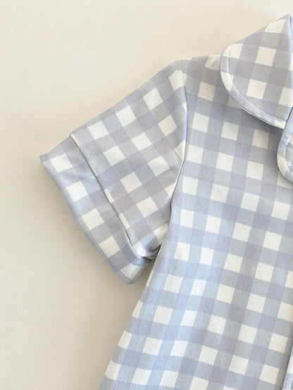 2pcs Baby/Toddler Boys' Plaid Pajama Set,Blue And White Striped,Winter,Cute,Lounge,Checkered Short Sleeve Top And Pants With Pocket For Baby Boy