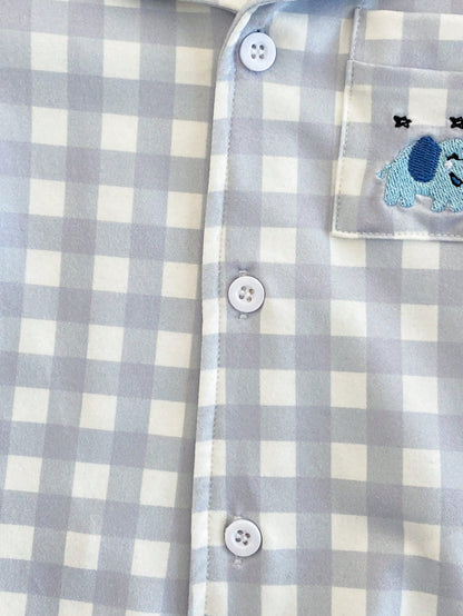 2pcs Baby/Toddler Boys' Plaid Pajama Set,Blue And White Striped,Winter,Cute,Lounge,Checkered Short Sleeve Top And Pants With Pocket For Baby Boy