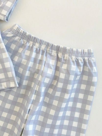 2pcs Baby/Toddler Boys' Plaid Pajama Set,Blue And White Striped,Winter,Cute,Lounge,Checkered Short Sleeve Top And Pants With Pocket For Baby Boy