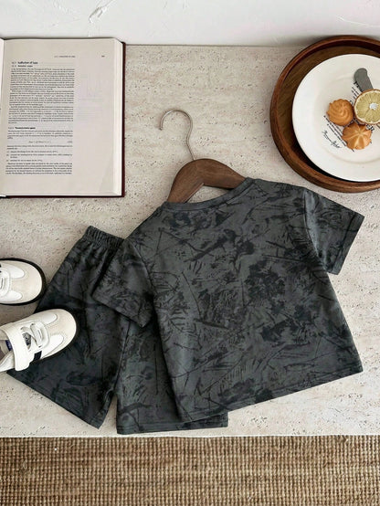 2pcs Baby/Toddler Casual Tropical Solid Color T-Shirt + Shorts Set, Suitable For Daily Wear, School, Travel, Summer Season Baby Boy Vacation