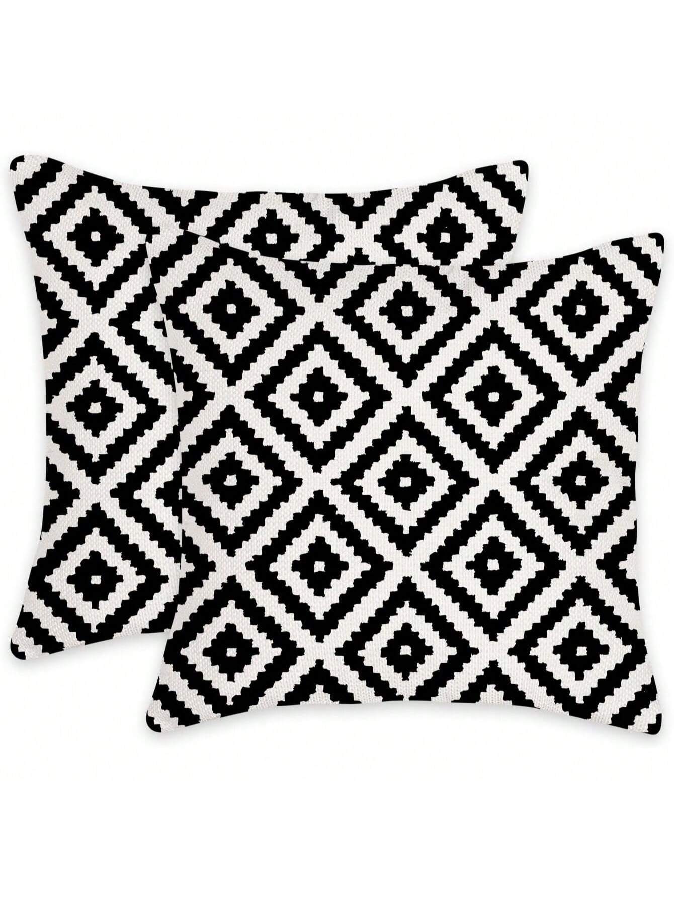 2pcs Black And White Retro Geometric Pattern Decorative Pillow Covers, Sofa Cushion Covers (Square Pattern), Single-Sided Print, Without Pillow Insert (16inX16in, 18inX18in, 20inX20in)