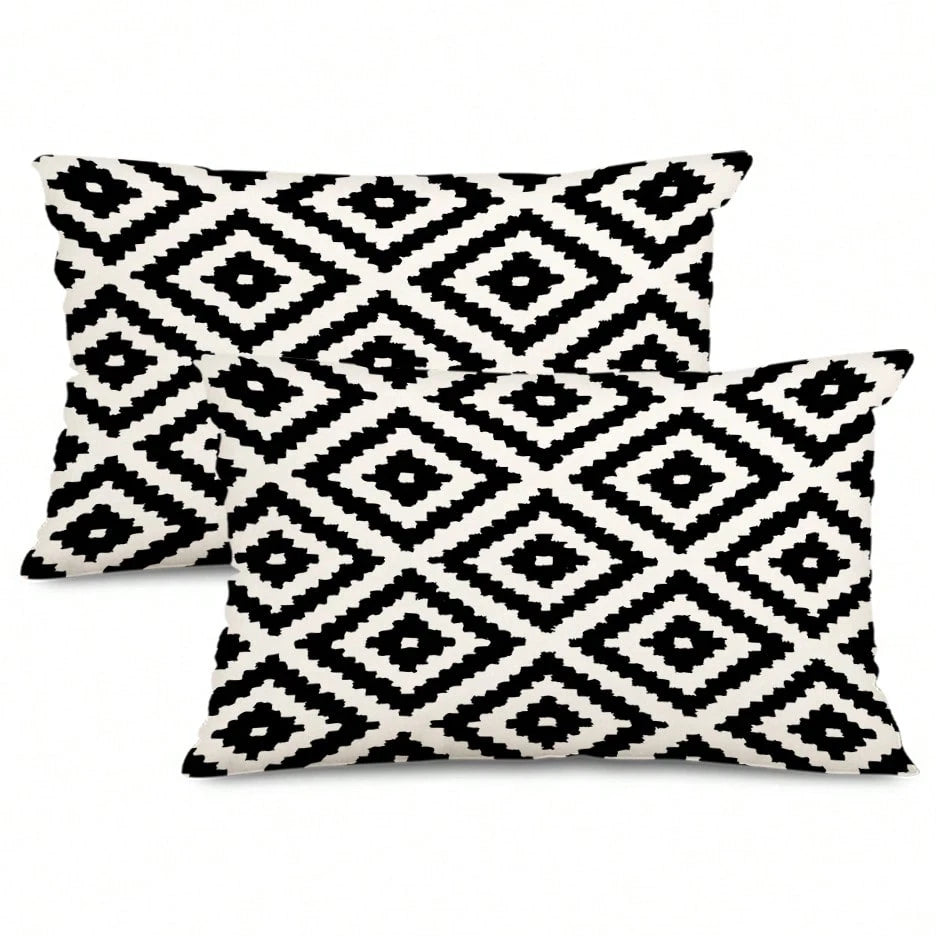 2pcs Black And White Retro Geometric Pattern Decorative Pillow Covers, Sofa Cushion Covers (Square Pattern), Single-Sided Print, Without Pillow Insert (16inX16in, 18inX18in, 20inX20in)