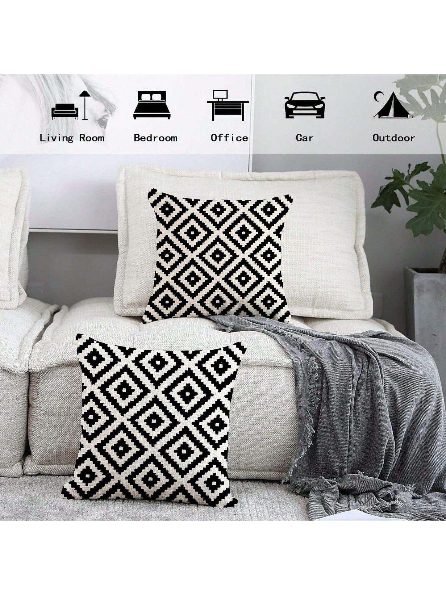 2pcs Black And White Retro Geometric Pattern Decorative Pillow Covers, Sofa Cushion Covers (Square Pattern), Single-Sided Print, Without Pillow Insert (16inX16in, 18inX18in, 20inX20in)
