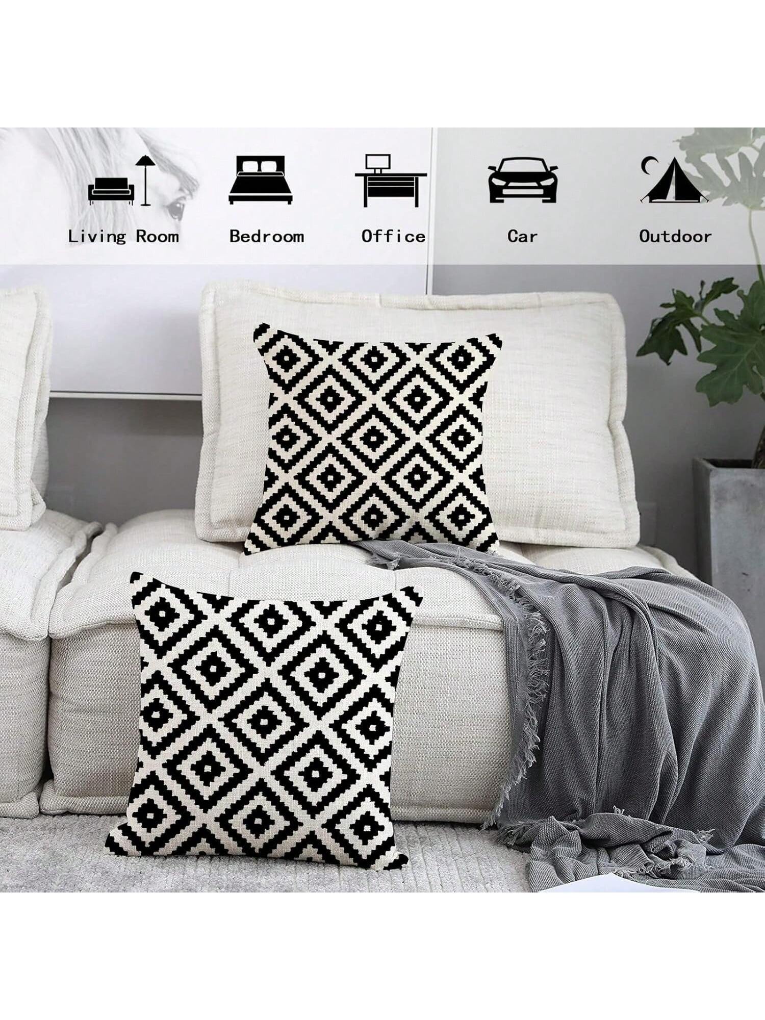 2pcs Black And White Retro Geometric Pattern Decorative Pillow Covers, Sofa Cushion Covers (Square Pattern), Single-Sided Print, Without Pillow Insert (16inX16in, 18inX18in, 20inX20in)