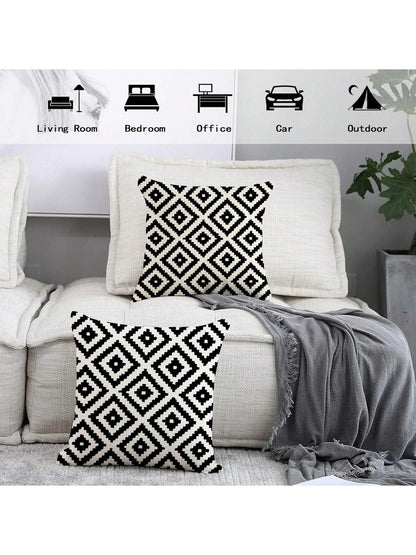 2pcs Black And White Retro Geometric Pattern Decorative Pillow Covers, Sofa Cushion Covers (Square Pattern), Single-Sided Print, Without Pillow Insert (16inX16in, 18inX18in, 20inX20in)