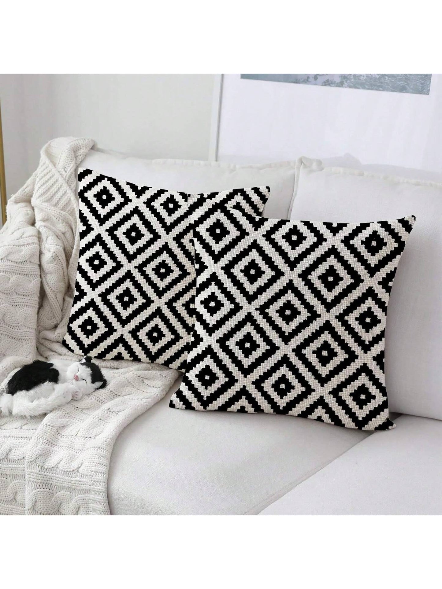 2pcs Black And White Retro Geometric Pattern Decorative Pillow Covers, Sofa Cushion Covers (Square Pattern), Single-Sided Print, Without Pillow Insert (16inX16in, 18inX18in, 20inX20in)