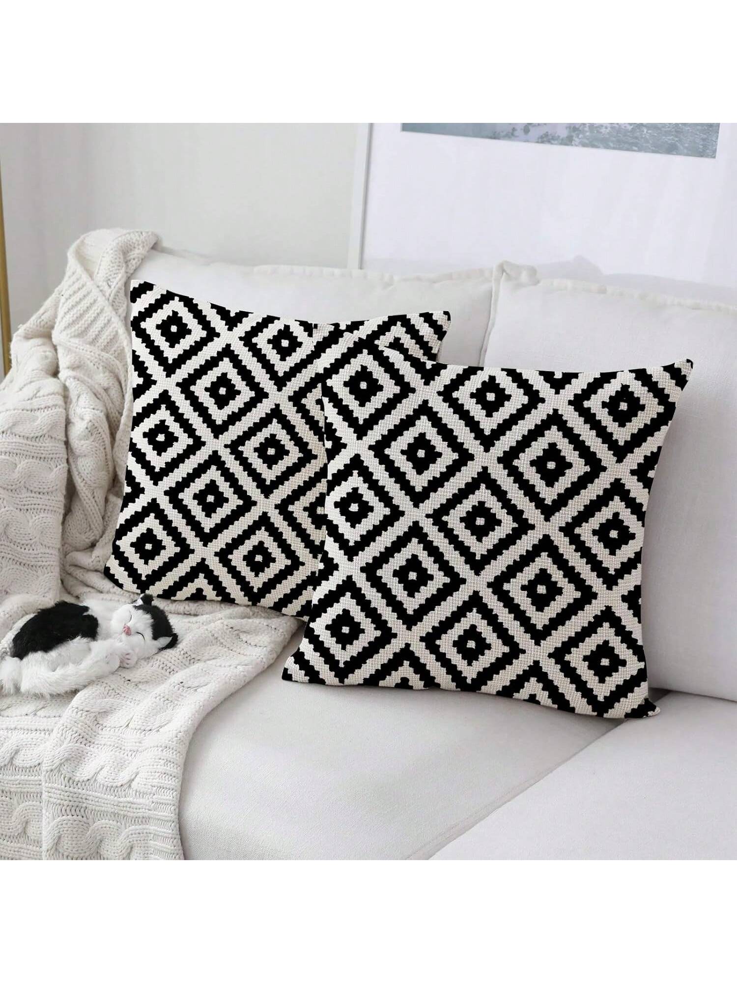 2pcs Black And White Retro Geometric Pattern Decorative Pillow Covers, Sofa Cushion Covers (Square Pattern), Single-Sided Print, Without Pillow Insert (16inX16in, 18inX18in, 20inX20in)