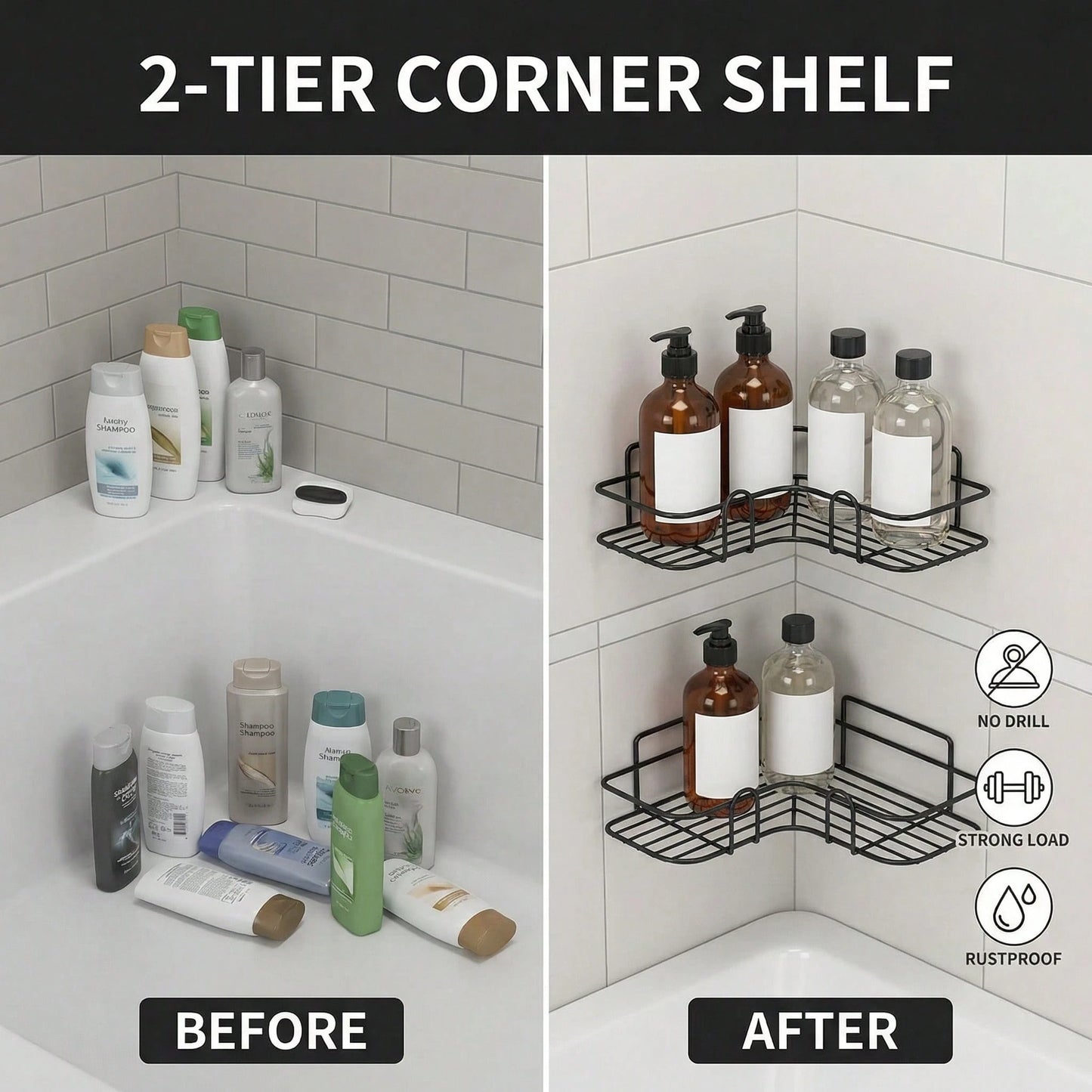 2pcs Black Iron Bathroom Shelf 26cm Bathroom Tripod Organizer Suitable For Rental Apartments