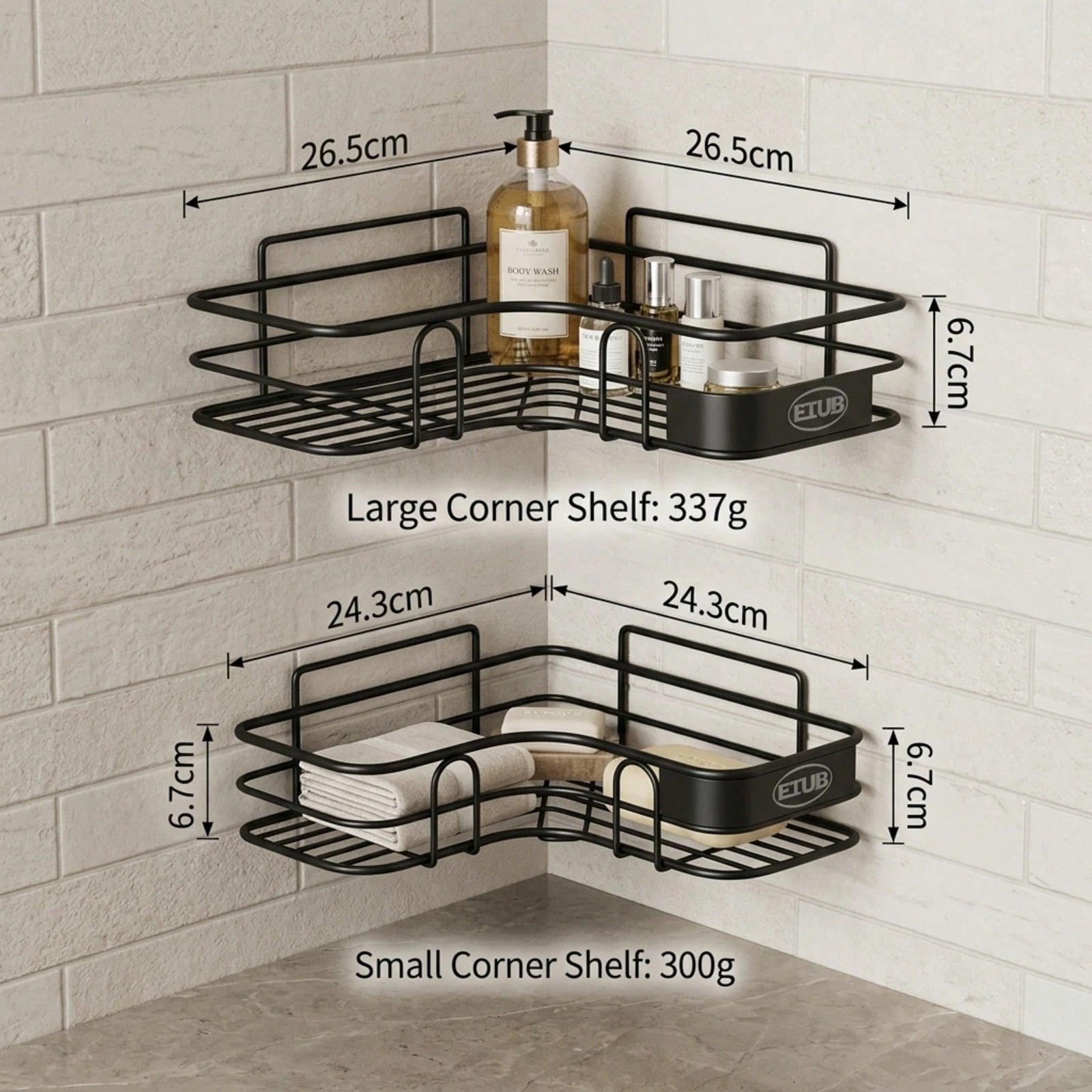 2pcs Black Iron Bathroom Shelf 26cm Bathroom Tripod Organizer Suitable For Rental Apartments