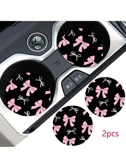 2pcs Bow Leopard Print Car Cup Holder Coasters, Non-Slip Shock-Absorbing Universal Fashion Car Cup Coasters, Interior Accessories, Party Gifts