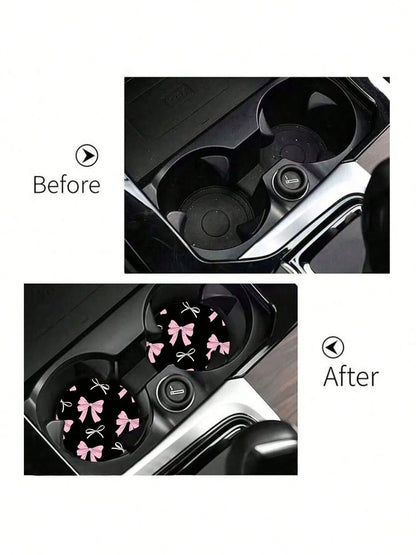 2pcs Bow Leopard Print Car Cup Holder Coasters, Non-Slip Shock-Absorbing Universal Fashion Car Cup Coasters, Interior Accessories, Party Gifts