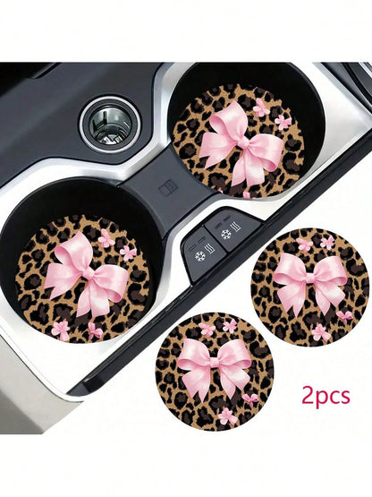 2pcs Bow Leopard Print Car Cup Holder Coasters, Non-Slip Shock-Absorbing Universal Fashion Car Cup Coasters, Interior Accessories, Party Gifts