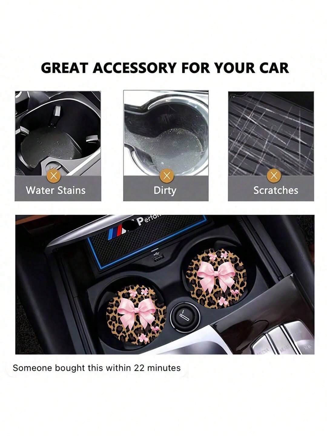 2pcs Bow Leopard Print Car Cup Holder Coasters, Non-Slip Shock-Absorbing Universal Fashion Car Cup Coasters, Interior Accessories, Party Gifts