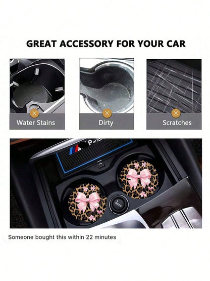 2pcs Bow Leopard Print Car Cup Holder Coasters, Non-Slip Shock-Absorbing Universal Fashion Car Cup Coasters, Interior Accessories, Party Gifts