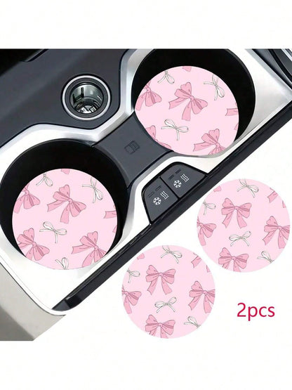 2pcs Bow Leopard Print Car Cup Holder Coasters, Non-Slip Shock-Absorbing Universal Fashion Car Cup Coasters, Interior Accessories, Party Gifts